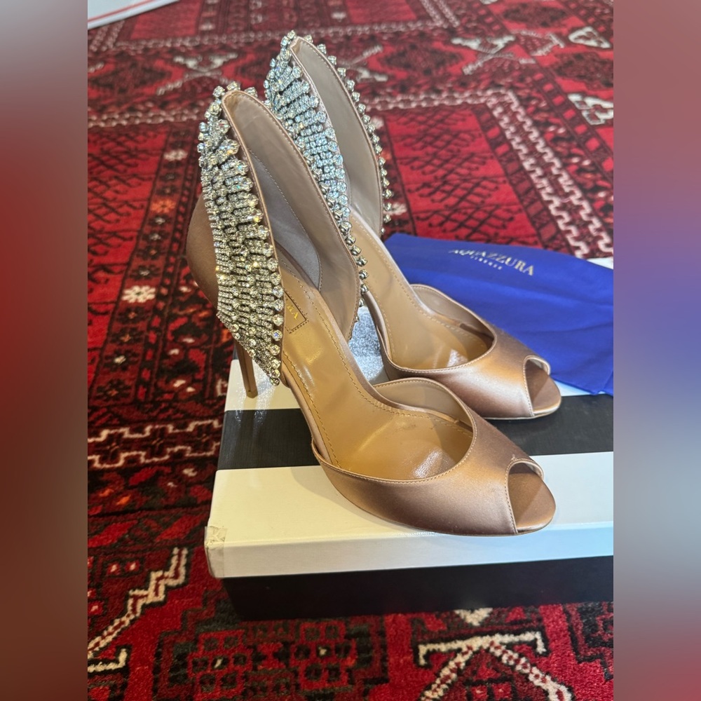 Aquazzura Blush Pink Satin Crystal Embellished Peep-Toe Heels - Picture 2 of 8